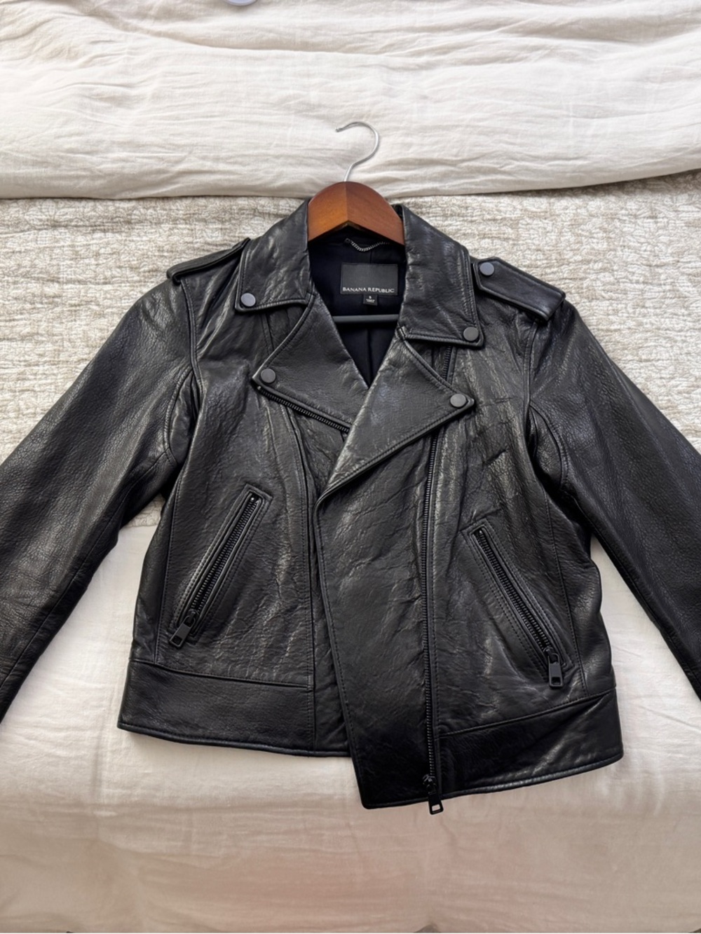 Banana Republic Black Leather Bomber-Style Moto Jacket